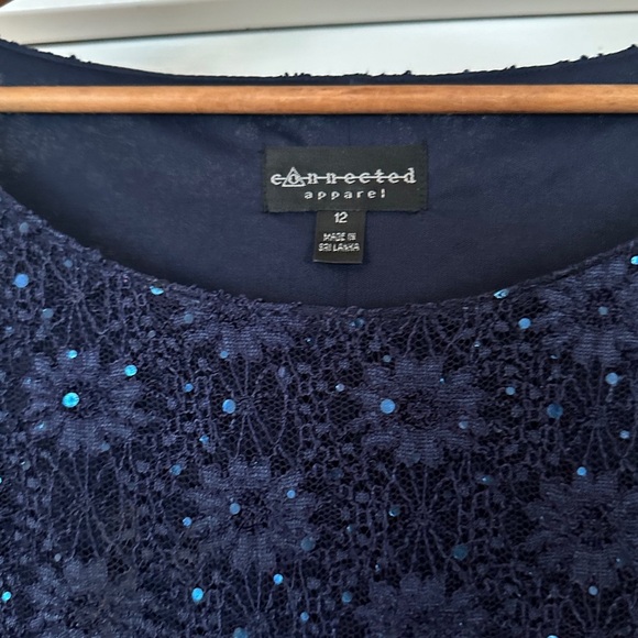 Connected Apparel, Classy and Elegant Navy Sequin Lace Dress with Sheer Sleeves - Picture 5 of 7